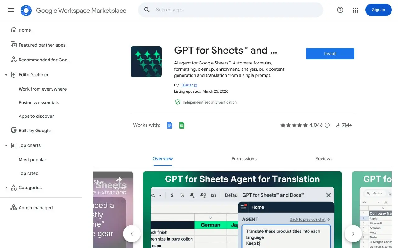 GPT for Sheets and Docs on Google Workspace Marketplace — 4M+ installs