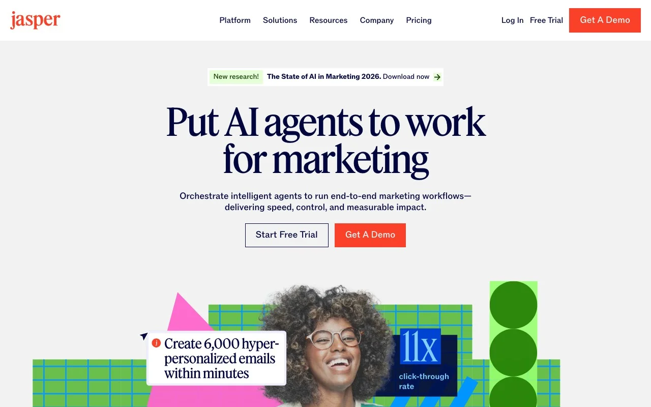 Jasper AI homepage — Put AI agents to work for marketing