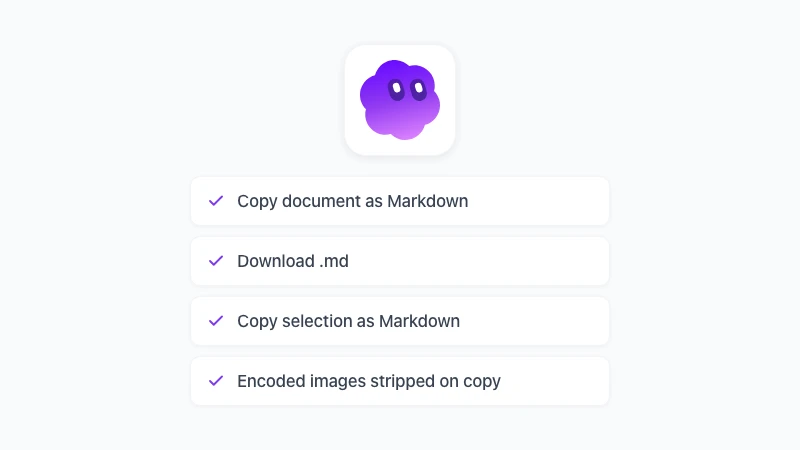 The GPT Workspace Markdown menu in Google Docs: copy the document, download .md, or copy a selection