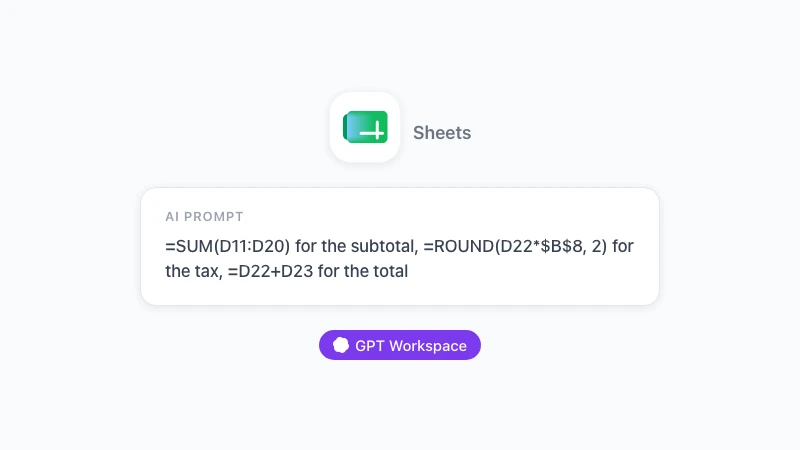 Google Sheets invoice formulas: amount, SUM subtotal, tax and total