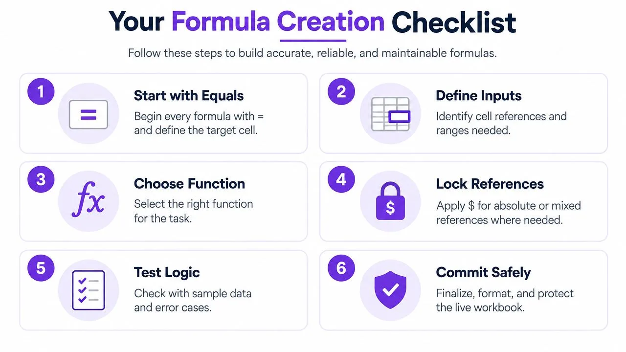 A six-step checklist titled Your Formula Creation Checklist for building accurate and reliable Excel spreadsheet formulas.