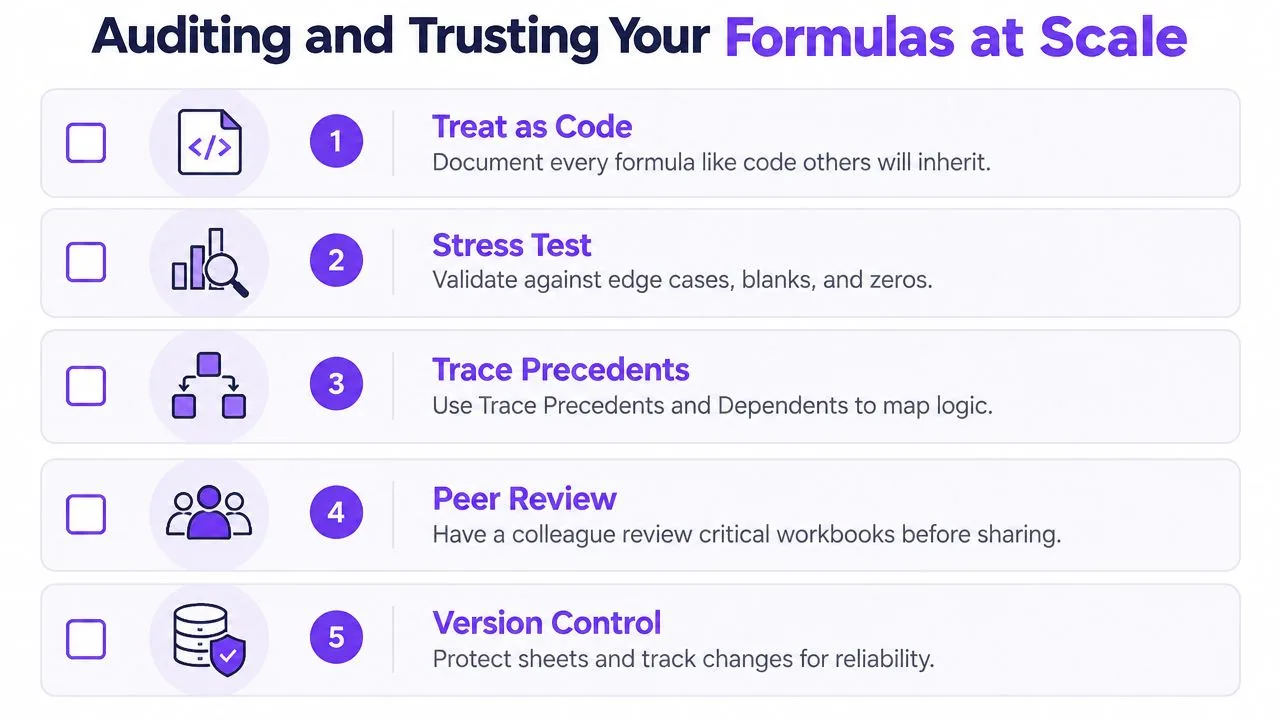 A list with five essential tips for auditing and trusting Excel formulas at scale with numbered steps.
