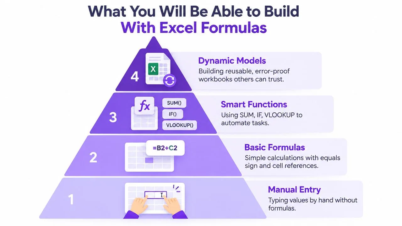A pyramid chart showing levels of Excel proficiency from manual entry to building advanced dynamic models.