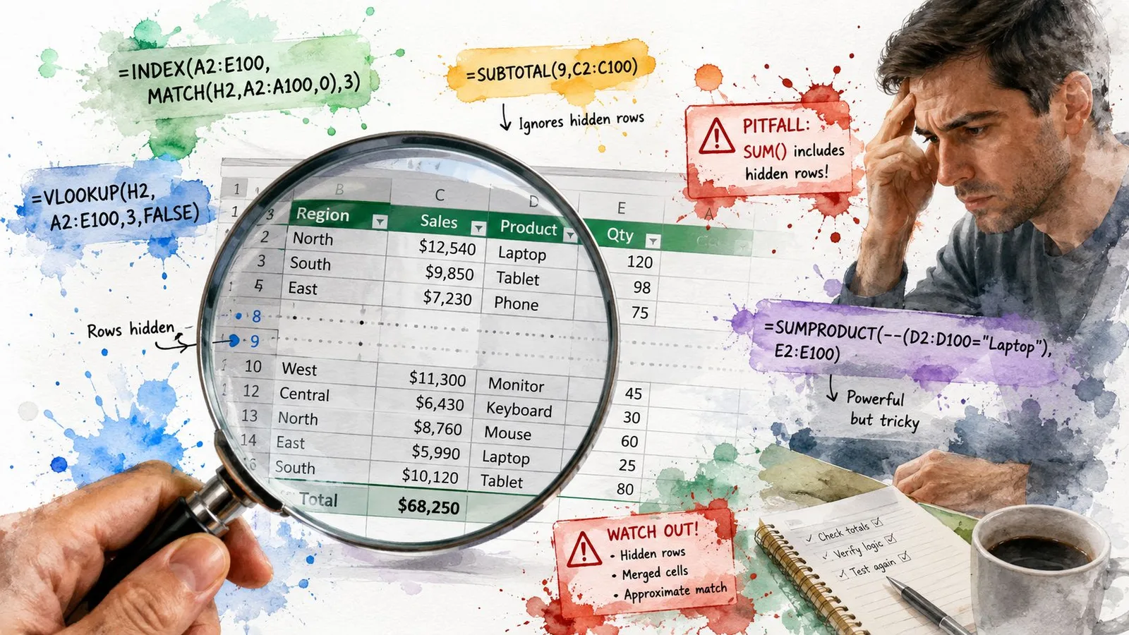 A person examining a spreadsheet with a magnifying glass while considering Excel formulas and data pitfalls.