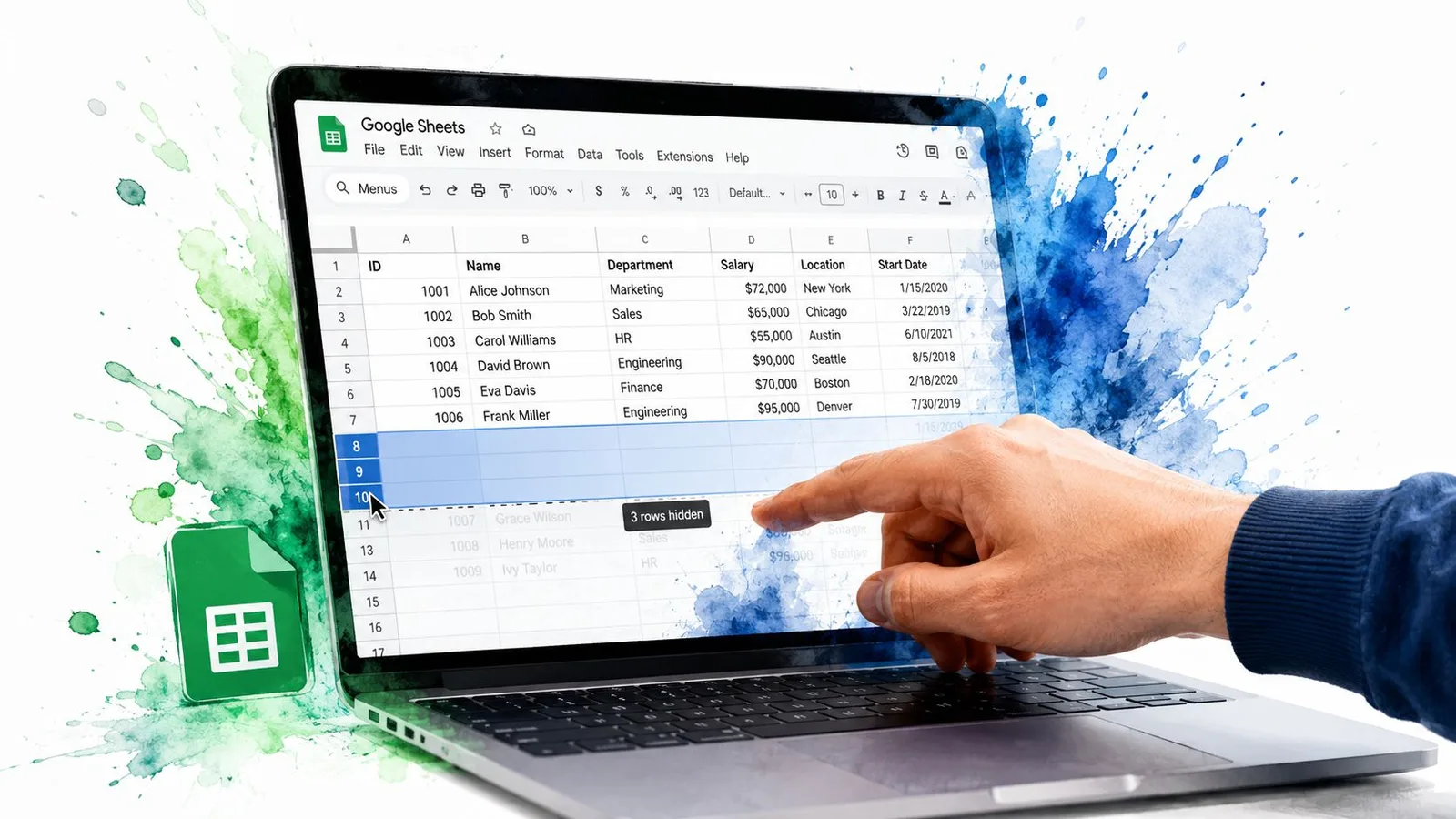 Screenshot from https://example.com/screenshots/google-sheets-hide-rows-shortcut.png