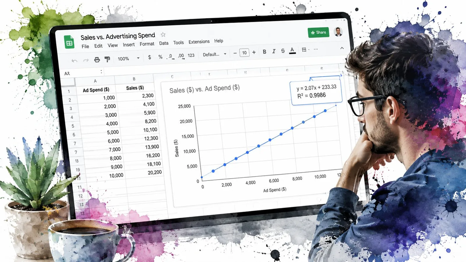 A man looks at a computer screen displaying a Google Sheets chart with a linear regression line.