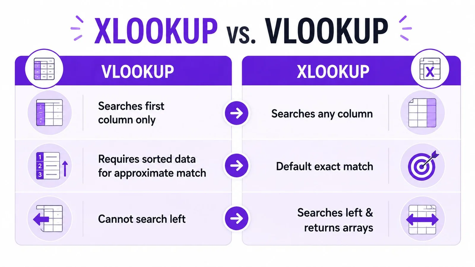 A comparison chart showing the key functional differences between Excel functions VLOOKUP and XLOOKUP for data analysis.