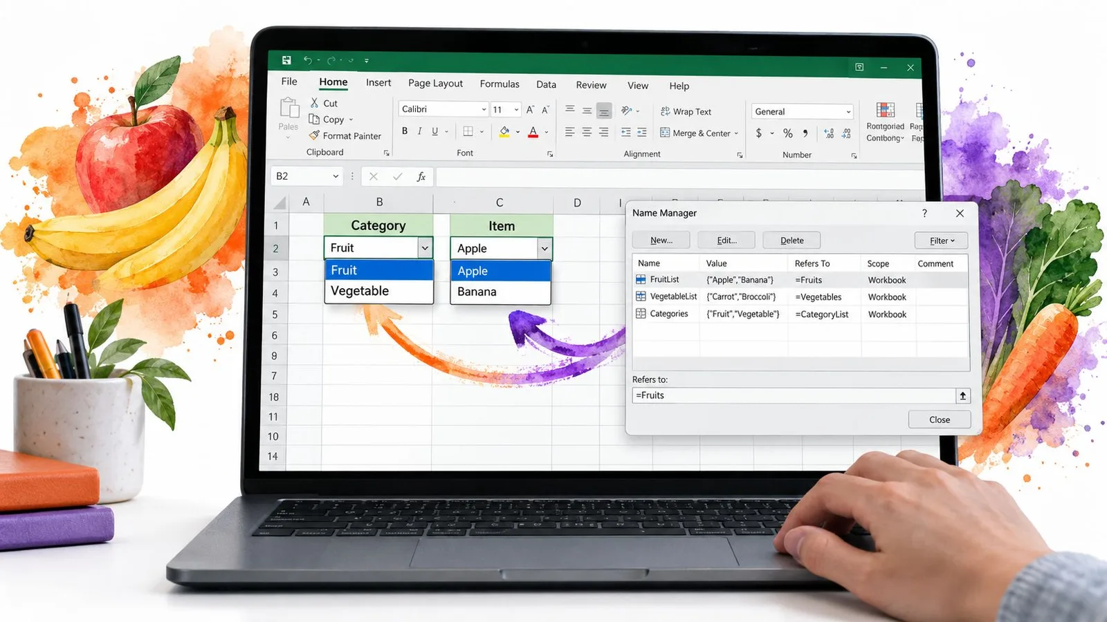 A close-up view of a person using a laptop to create an Excel drop-down list menu.