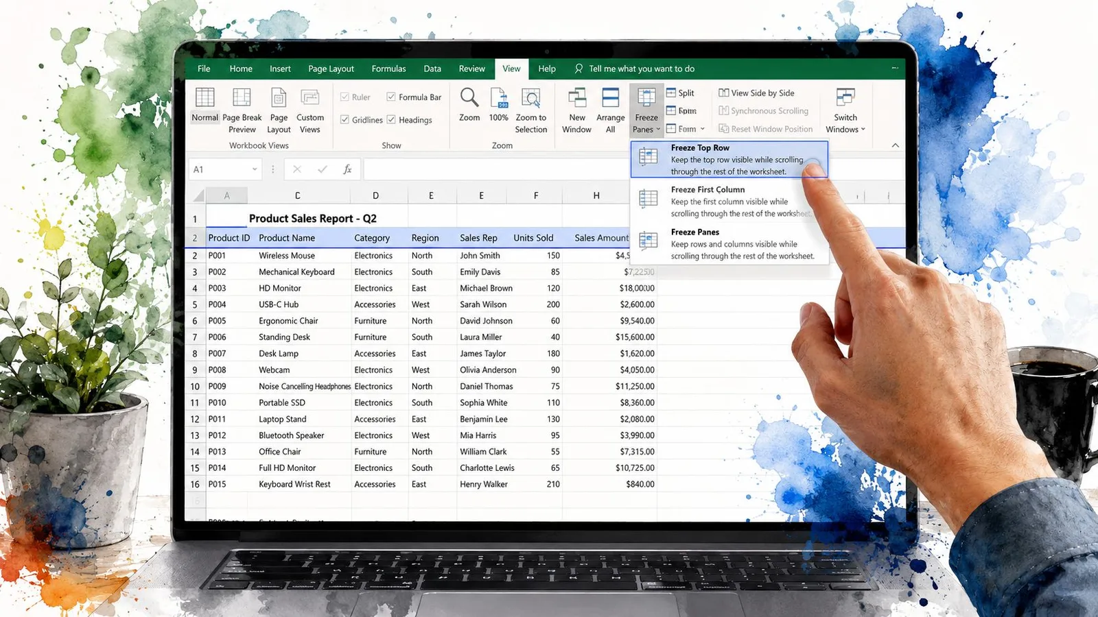 A hand pointing to the Freeze Top Row option in the Microsoft Excel View ribbon menu.